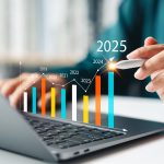 Businesswoman analyze the profitability of companies using digital graphs, positive trends for 2025. A businesswoman analyzes the profitability of operating companies using digital graphs, positive trends for 2025.